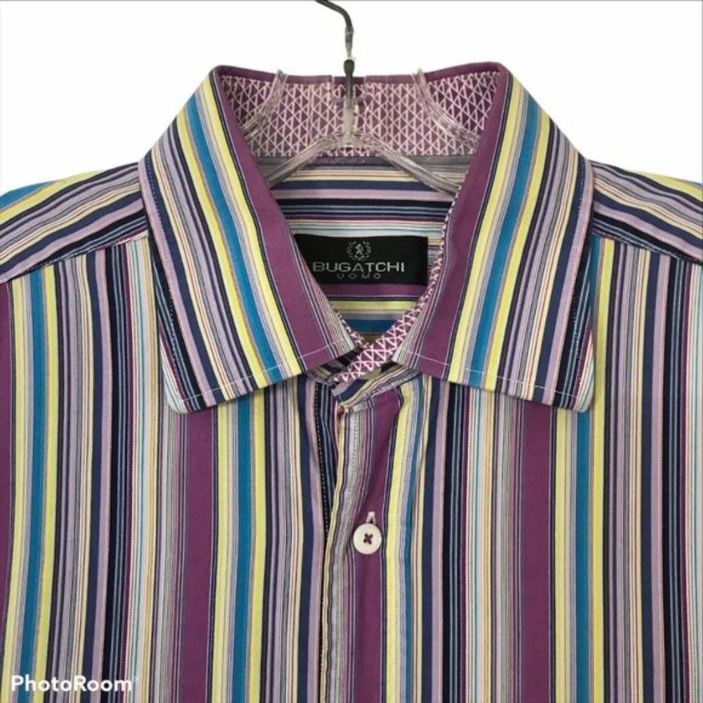 BUGATCHI Mens L Cotton Button Down Fitted Dress Shirt Flip Cuffs Purple Stripes - Picture 6 of 12